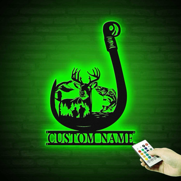 Custom Deer Hunting Fishing Hook Metal Wall Art Led Lights, Personalized Hunter Metal Name Signs, Wildlife Hunting Outdoor Metal Wall Art Decor