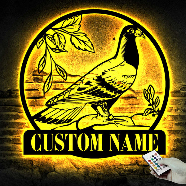 Custom Pigeon Bird Monogram Metal Wall Art With Led Lights, Personalized Pigeon Bird Metal Signs, Pigeon Bird Led Sign Metal Wall Hanging Decor