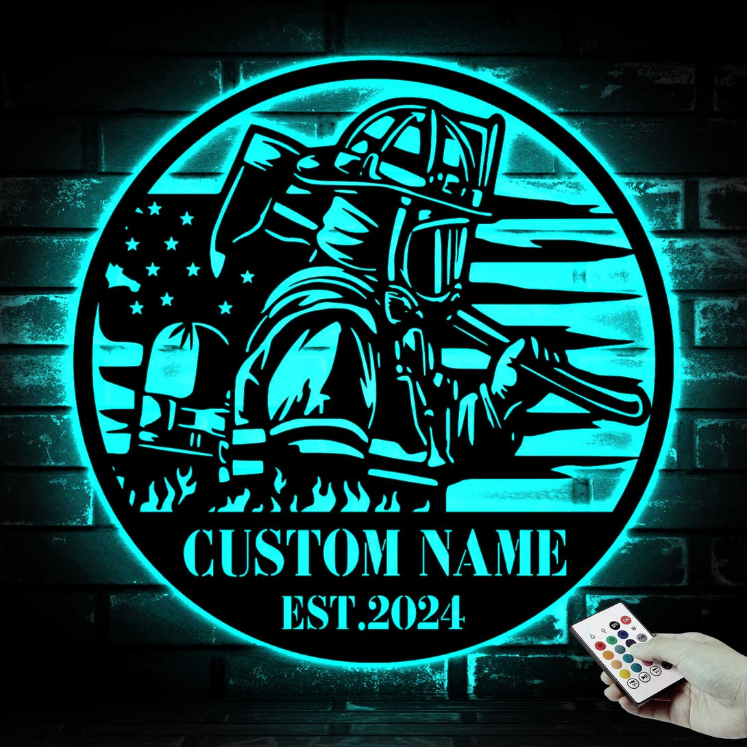Personalizable Name Firefighter Metal Sign With Led Lights, Custom American Fireman Metal Wall Art, Fire Department Metal Wall Hanging Decor