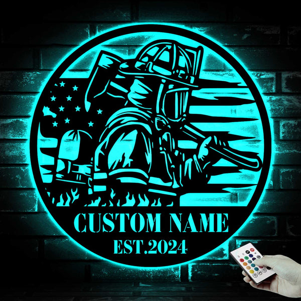 Personalizable Name Firefighter Metal Sign With Led Lights, Custom American Fireman Metal Wall Art, Fire Department Metal Wall Hanging Decor