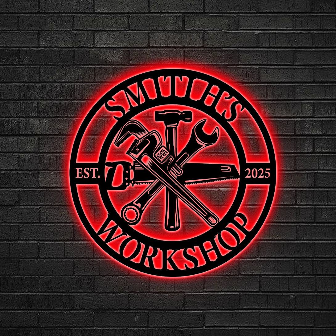 Custom Carpenter Tools Workshop Metal Wall Art Led Lights, Personalized Mechanic Tools Repairman Metal Sign, Mechanic Workshop Metal Home Decor