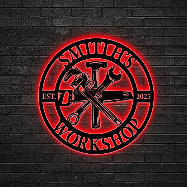 Custom Carpenter Tools Workshop Metal Wall Art Led Lights, Personalized Mechanic Tools Repairman Metal Sign, Mechanic Workshop Metal Home Decor