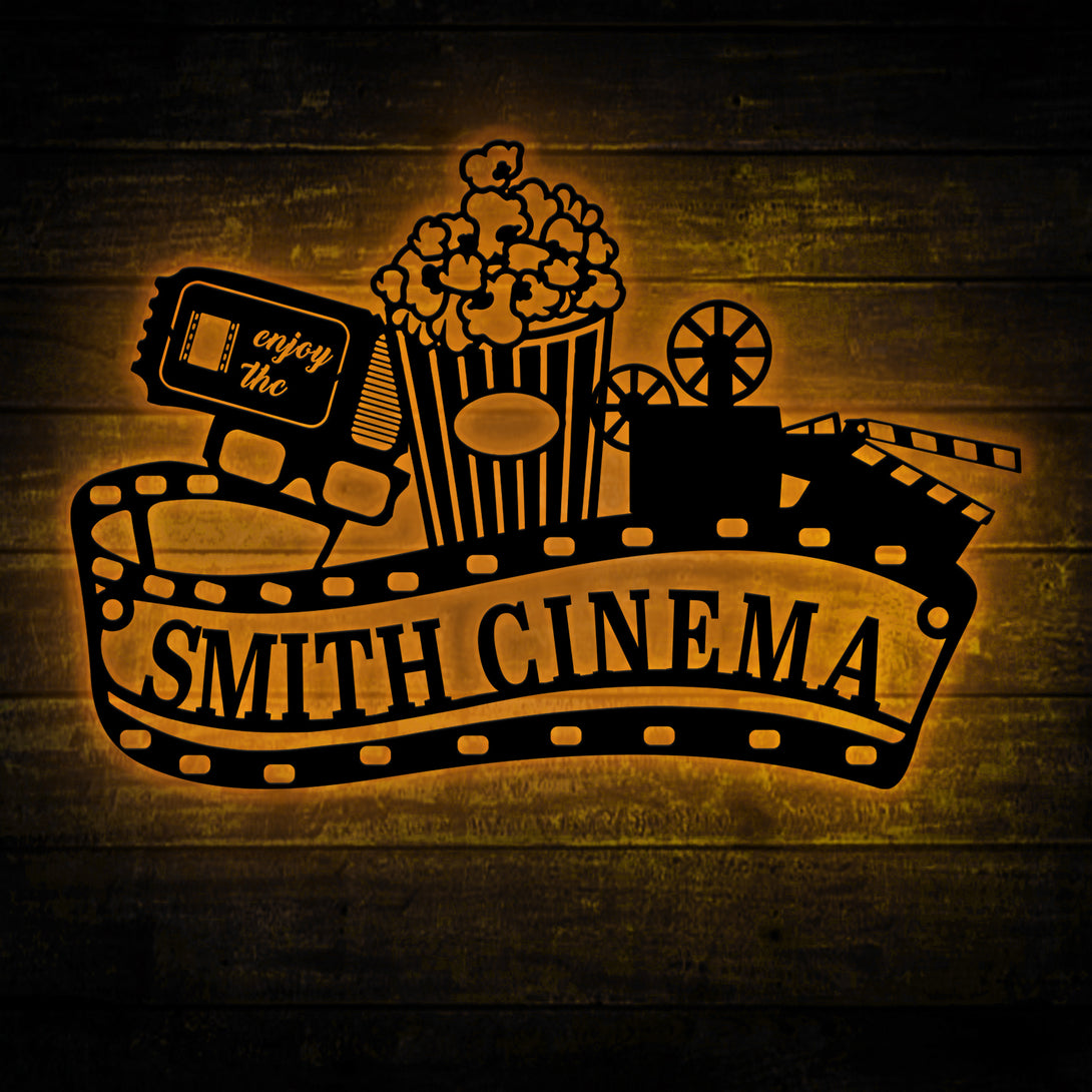 Custom Home Cinema Metal Sign With Led Lights, Personalized Movie Theatre Sign, Movie With Popcorn Metal Wall Art, Home Theatre Room Metal Sign