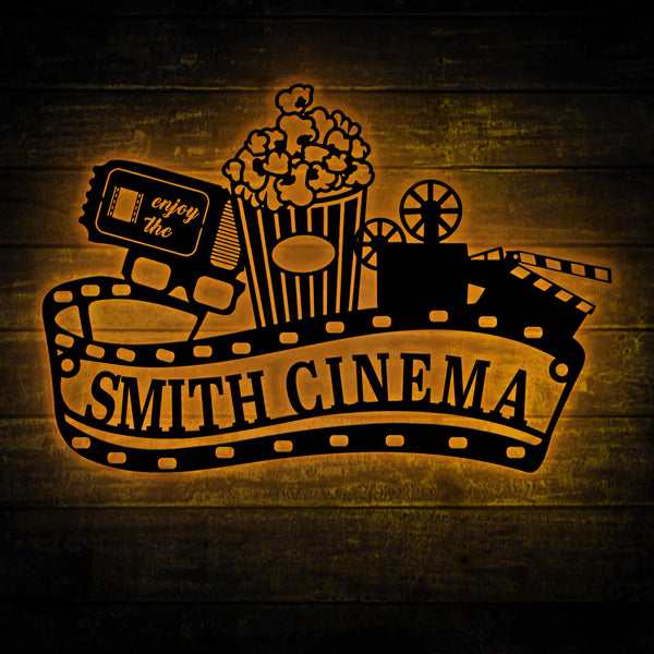 Custom Home Cinema Metal Sign With Led Lights, Personalized Movie Theatre Sign, Movie With Popcorn Metal Wall Art, Home Theatre Room Metal Sign