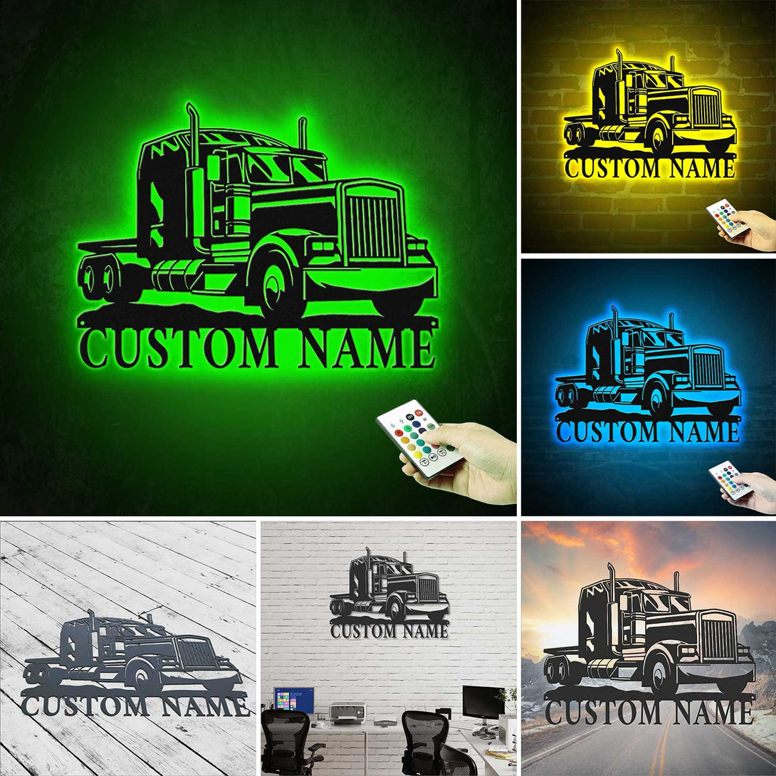 Custom Name Semi Trailer Metal Wall Art Led Lights, Personalized Semi Trucker Metal Name Sign Home Decor, 18 Wheeler Semi Truck Metal Wall Sign