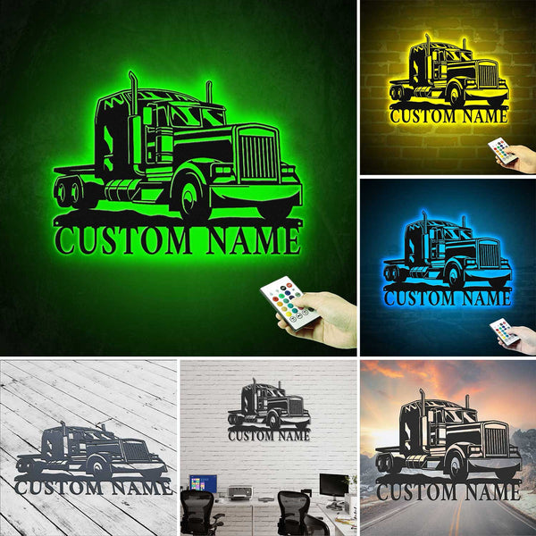 Custom Name Semi Trailer Metal Wall Art Led Lights, Personalized Semi Trucker Metal Name Sign Home Decor, 18 Wheeler Semi Truck Metal Wall Sign