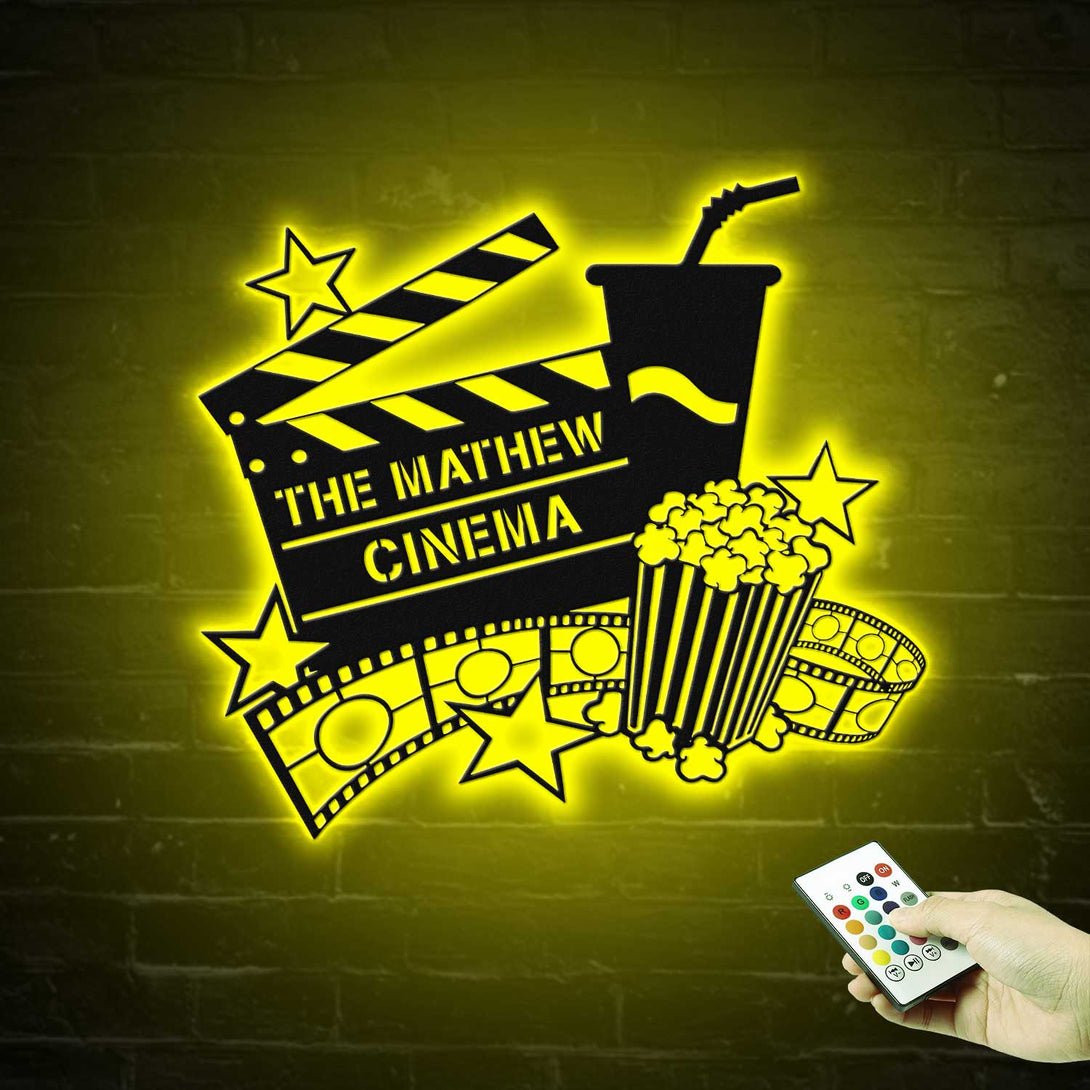 Custom Movie And Popcorn Metal Wall Art Led Lights, Personalized Family Name Home Cinema Metal Sign, Home Theater Metal Wall Art Home Decor