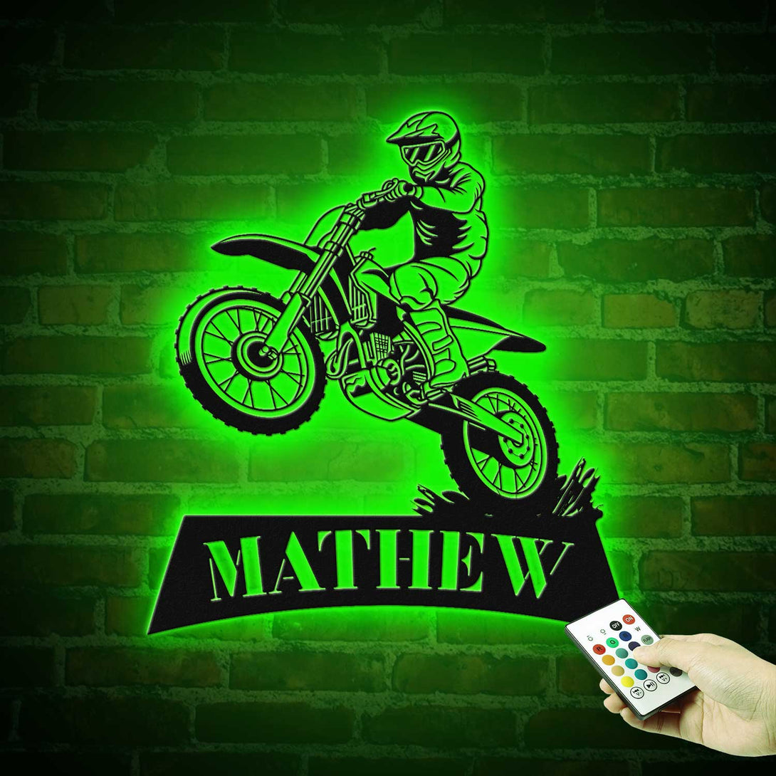 Custom Name Dirt Bike Metal Sign With Led Light, Personalized Motocross Rider Metal Name Sign, Motorcycle Biker Metal Art Garage Man Cave Decor