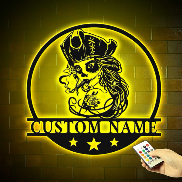 Custom Lady Pirate Skull Metal Wall Art With Led Lights, Custom Pirate Lady Sugar Skull Metal Name Sign, Female Sugar Skull Pirate Metal Sign