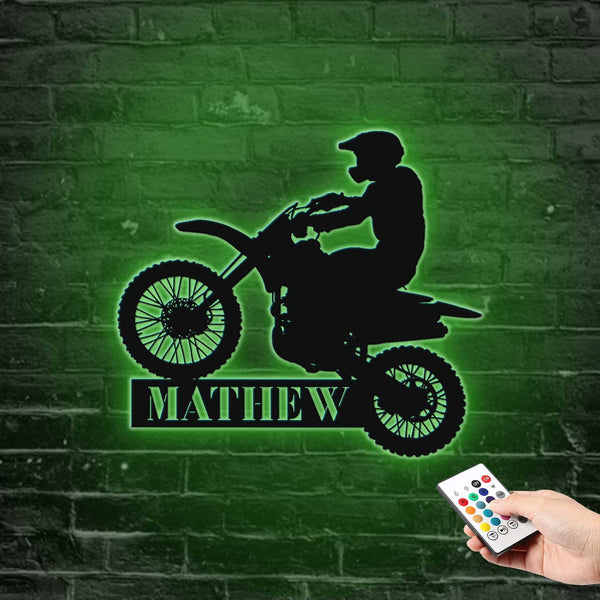 Personalized Name Motocross Metal Wall Art With Led Lights, Custom Dirt Bike Monogram Metal Sign, Motorcycle Rider Garage Man Cave Metal Decor