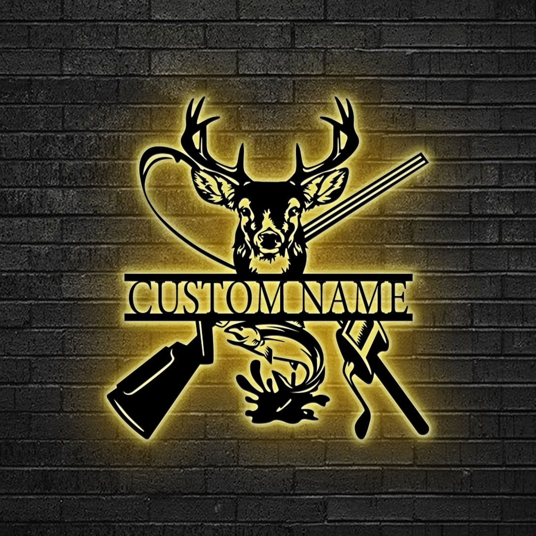 Custom Metal Deer Hunting Fishing Sign Led Lights, Custom Hunter Metal Name Sign, Outdoor Hunting Metal Wall Art Decor, Hunting Metal Cabin Signs