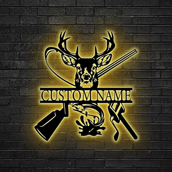 Custom Metal Deer Hunting Fishing Sign Led Lights, Custom Hunter Metal Name Sign, Outdoor Hunting Metal Wall Art Decor, Hunting Metal Cabin Signs