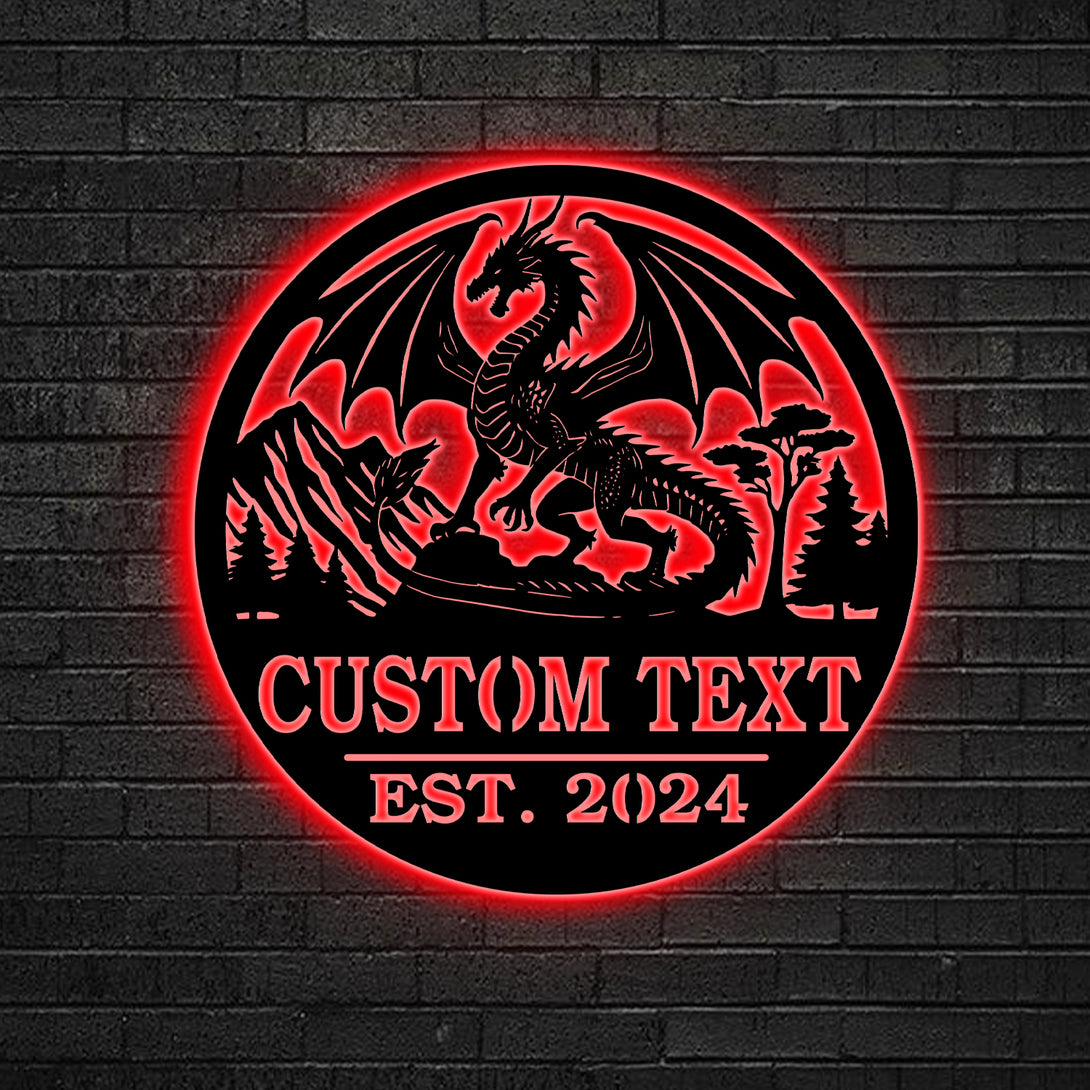 Custom Name Mythical Dragon Metal Sign Led Lights, Personalized Dragon Lover Metal Name Sign, Mythology Dragon Metal Wall Hanging Home Decor
