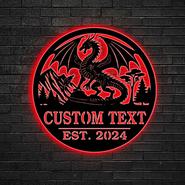 Custom Name Mythical Dragon Metal Sign Led Lights, Personalized Dragon Lover Metal Name Sign, Mythology Dragon Metal Wall Hanging Home Decor