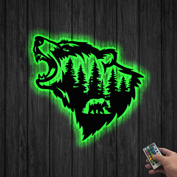 Roaring Bear Forest Scene Metal Sign With Led Lights, Grizzly Bear Metal Wall Sign Cabin Decor, Mountain Bear Metal Wall Art Home Decor