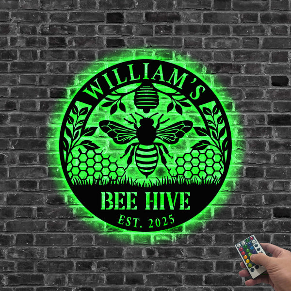 Personalized Metal Honey Bee Sign With Led Lights, Custom Beehive Metal Garden Decor, Custom Honeycomb Bee Farm Metal Sign, Beehive Metal Wall Art
