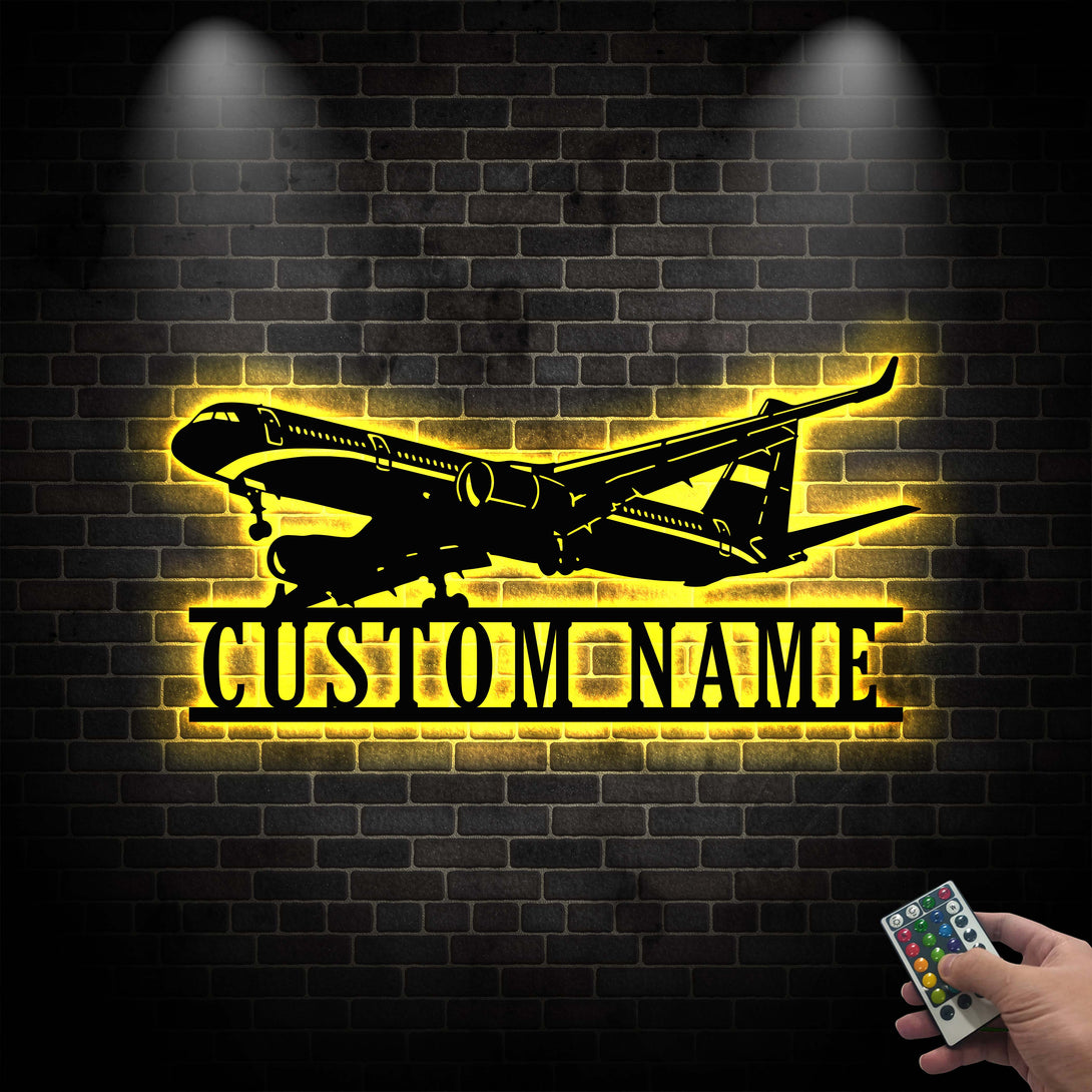 Custom Name Airplane Monogram Metal Sign Led Lights, Personalized Pilot Metal Name Sign, Custom Airplane Hangar Aviation Metal Wall Hanging Decor