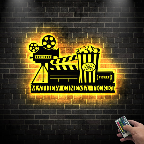 Personalized Movie Theater Metal Wall Art With Led Lights, Custom Home Cinema Metal Name Sign, Film And Popcorn Cinema Room Metal Sign Home Decor