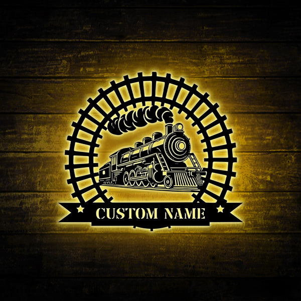 Custom Name Train Railroad Monogram Metal Sign Led Lights, Personalized Train Driver Metal Name Sign, Steam Locomotive Railway Metal Wall Art