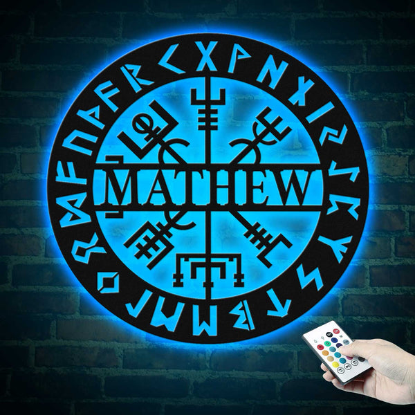 Custom Vegvisir Viking Runes Metal Sign With Led Lights, Personalized Name Nordic Compass Metal Wall Art, Viking Compass Metal Wall Hanging Decor