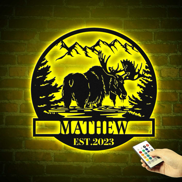 Personalized Mountain Moose Metal Wall Art Led Lights, Custom Moose Hunting Metal Name Sign, Wildlife Hunting Cabin Sign Wall Hanging Decor