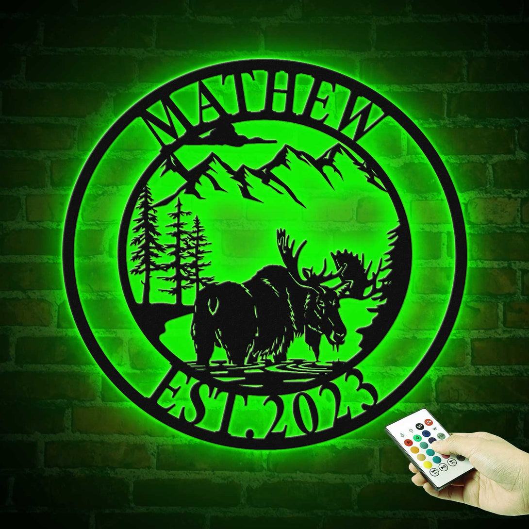 Personalized Mountain Moose Monogram Metal Sign Led Lights, Custom Moose Hunting Metal Wall Art, Wildlife Hunting Cabin Sign Wall Hanging Decor