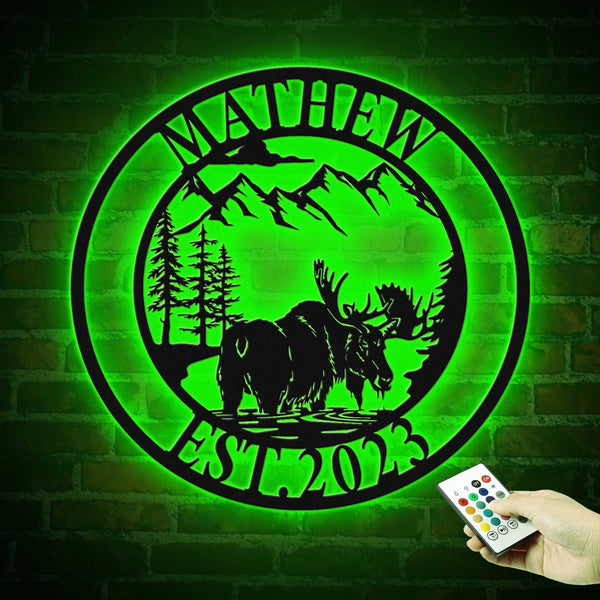 Personalized Mountain Moose Monogram Metal Sign Led Lights, Custom Moose Hunting Metal Wall Art, Wildlife Hunting Cabin Sign Wall Hanging Decor