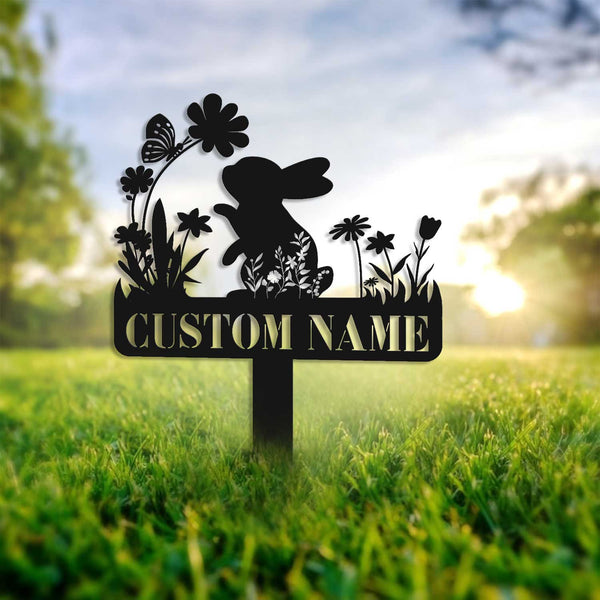 Custom Bunny With Flowers Memorial Metal Stake, Floral Rabbit Memorial Metal Sign With Stake, Pet Loss Remembrance Stake, Pet Metal Grave Marker