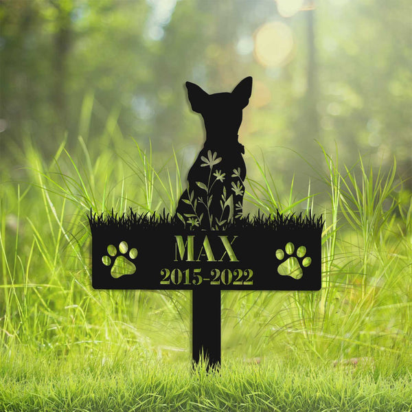 Custom Floral Chihuahua Dog Memorial Plaque Stake, Personalized Chihuahua Dog Remembrance Stake, Pet Loss Metal Grave Marker, Pet Sympathy Sign