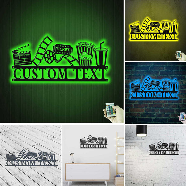 Personalized Home Theater Metal Sign With Led Lights, Movie And Popcorn Metal Wall Art Home Decor, Home Cinema Metal Sign Housewarming Decor