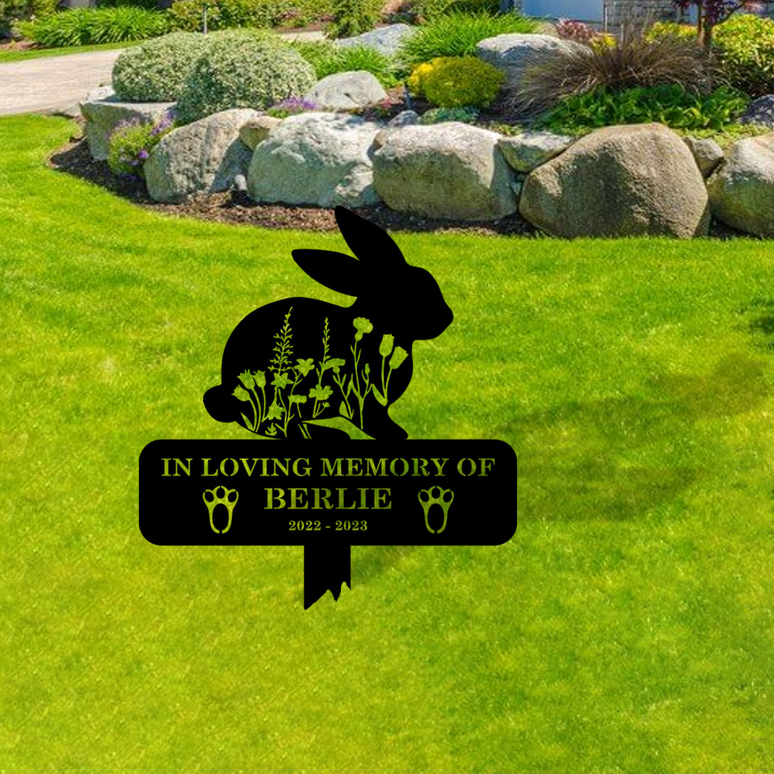 Personalized Floral Bunny Memorial Metal Stake, Custom Rabbit Memorial Metal Garden Sign, Pet Loss Metal Grave Markers, Rabbit Remembrance Stake