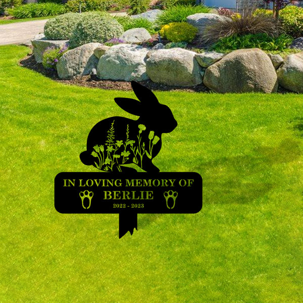 Personalized Floral Bunny Memorial Metal Stake, Custom Rabbit Memorial Metal Garden Sign, Pet Loss Metal Grave Markers, Rabbit Remembrance Stake