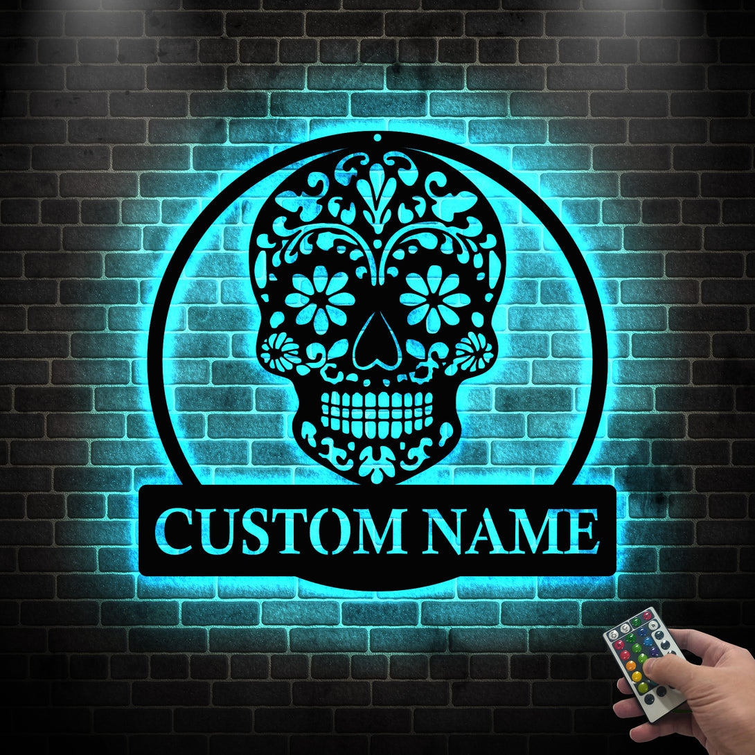 Custom Name Sugar Skull Metal Sign With Led Lights, Dia De Los Sugar Skull Metal Wall Art, Day Of The Dead Sugar Skull Metal Name Sign