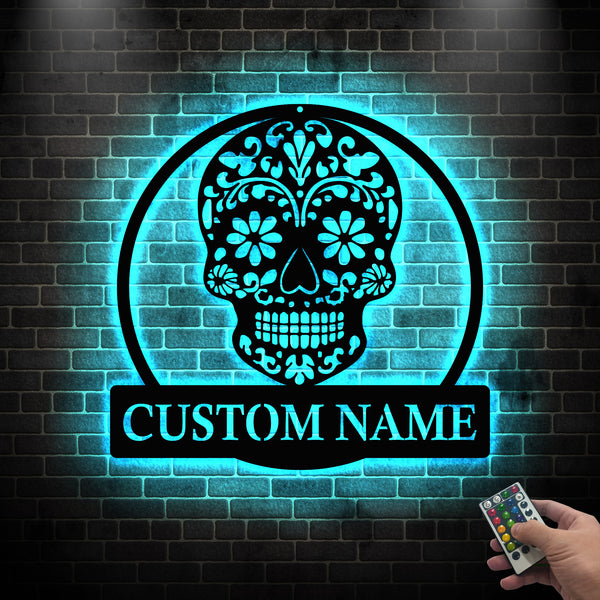 Custom Name Sugar Skull Metal Sign With Led Lights, Dia De Los Sugar Skull Metal Wall Art, Day Of The Dead Sugar Skull Metal Name Sign