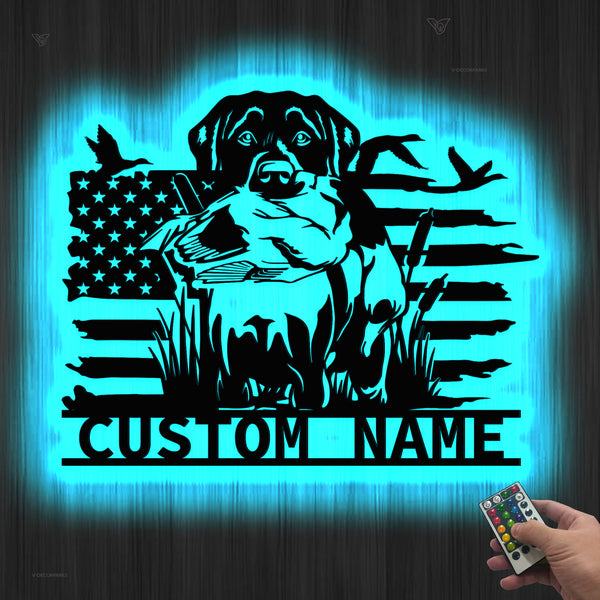 Custom Us Flag Labrador Hunting Metal Sign Led Lights, Labrador Dog Hunting Metal Wall Art, Lab Hunting Metal Name Sign, Rustic Cabin Metal Decor