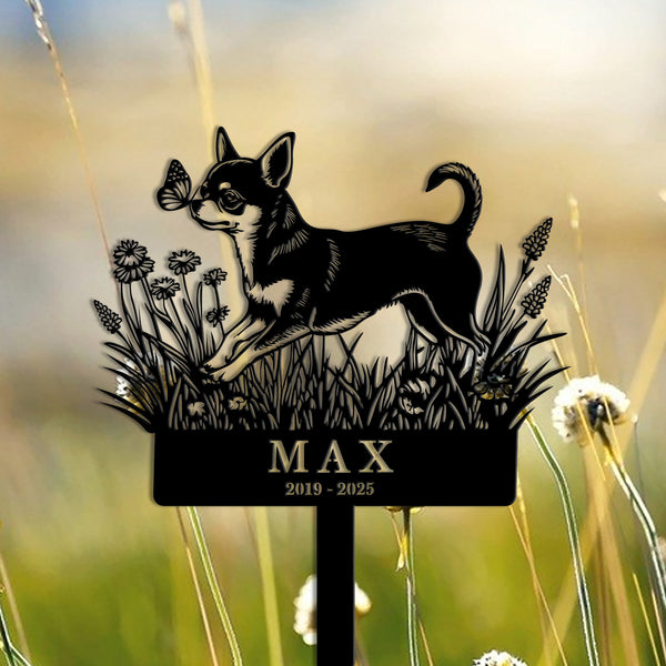 Personalized Chihuahua Dog Memorial Metal Stake, Chihuahua Dog With Flowers Memorial Plaque With Stake, Pet Grave Marker, Dog Sympathy Sign