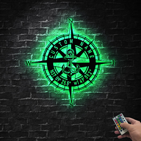 Custom Gps Anchor Compass Metal Wall Art Led Lights, Custom Coordinates Compass Metal Sign Home Decor, Nautical Compass With Anchor Metal Art