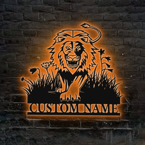 Custom King Lion Metal Wall Art With Led Lights, Awesome Lion Metal Wall Art, Personalized Lion Metal Name Sign For Living Room Decor