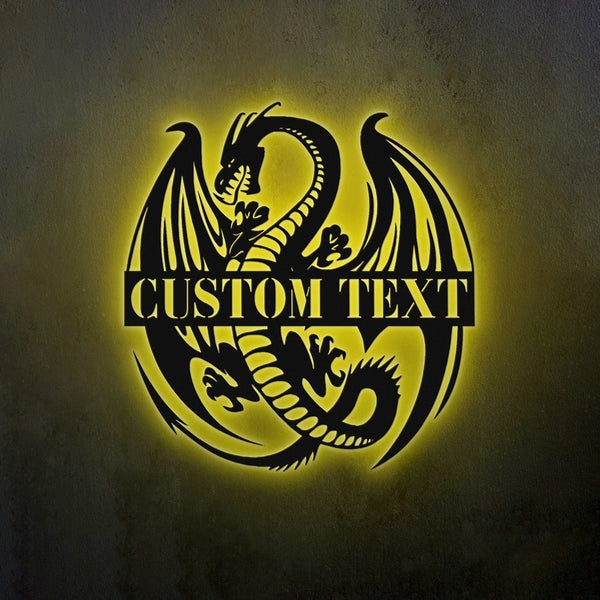 Custom Dragon Metal Wall Art With Led Lights, Personalized Mythical Dragon Metal Sign Home Decor, Mythology Dragon Metal Wall Hanging Sign