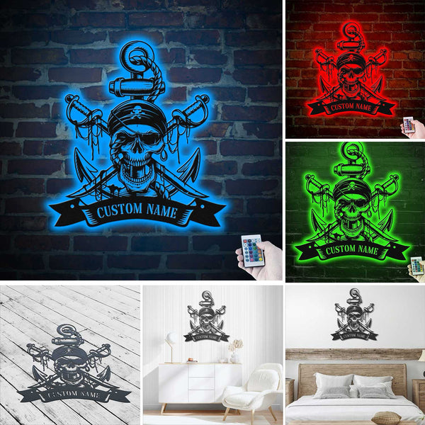 Custom Name Pirate Skull Swords Anchor Metal Wall Art Led Lights, Personalized Pirate Ship Metal Sign Home Decor, Skeleton Pirate Metal Wall Art