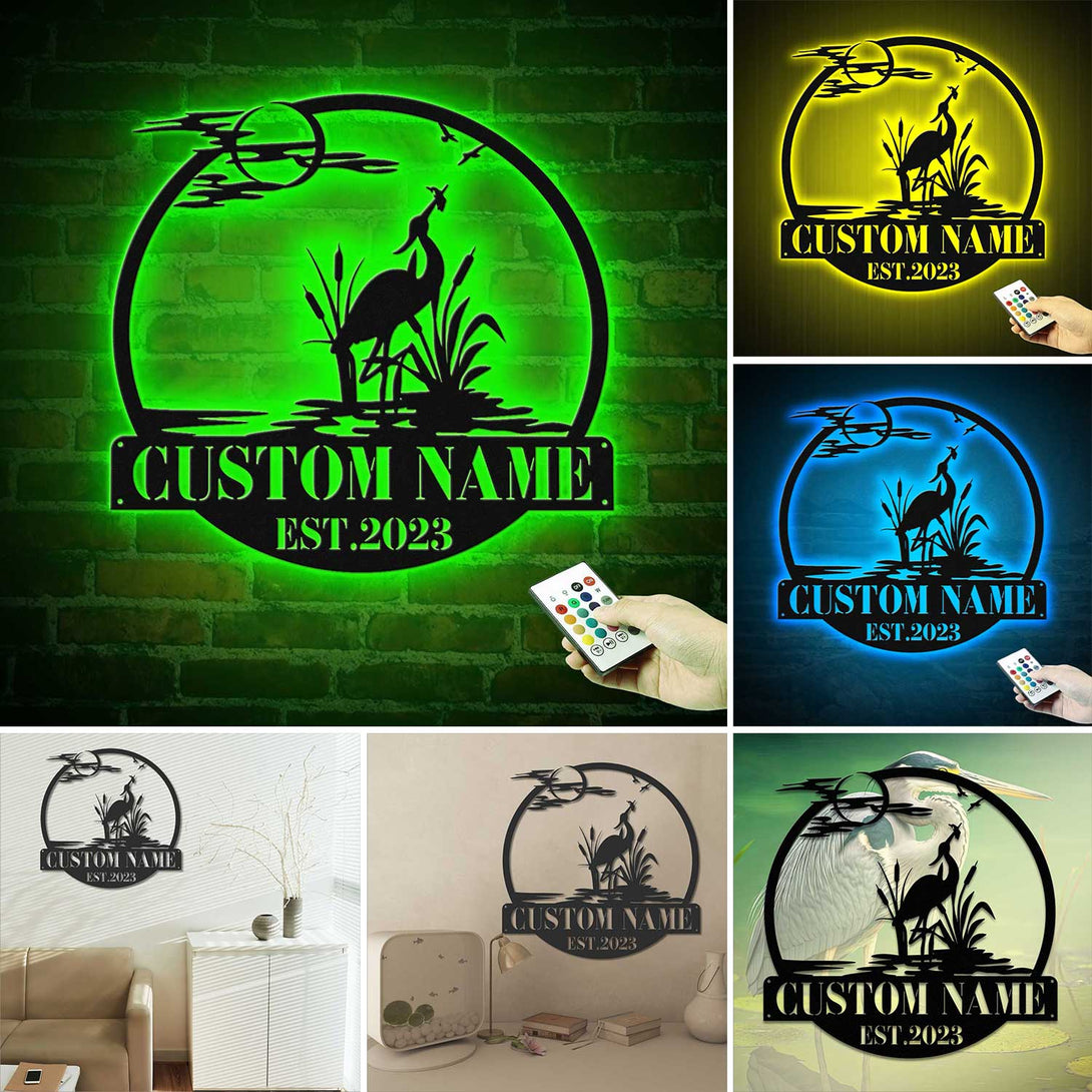 Personalized Heron Bird Metal Wall Art Led Lights, Custom Name Heron Cattail Pond Metal Sign Home Decor, Heron Bird Lake House Metal Wall Art