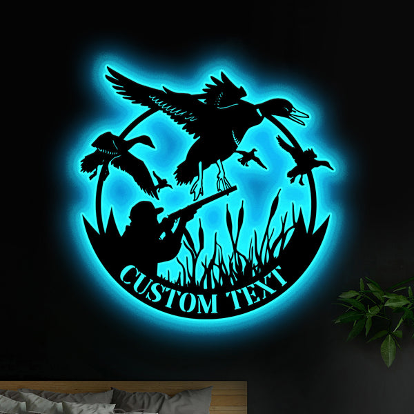 Custom Mallard Duck Hunting Metal Wall Art Led Lights, Personalized Hunter Name Sign Home Decor, Duck Hunting Cabin Metal Wall Hanging Decor
