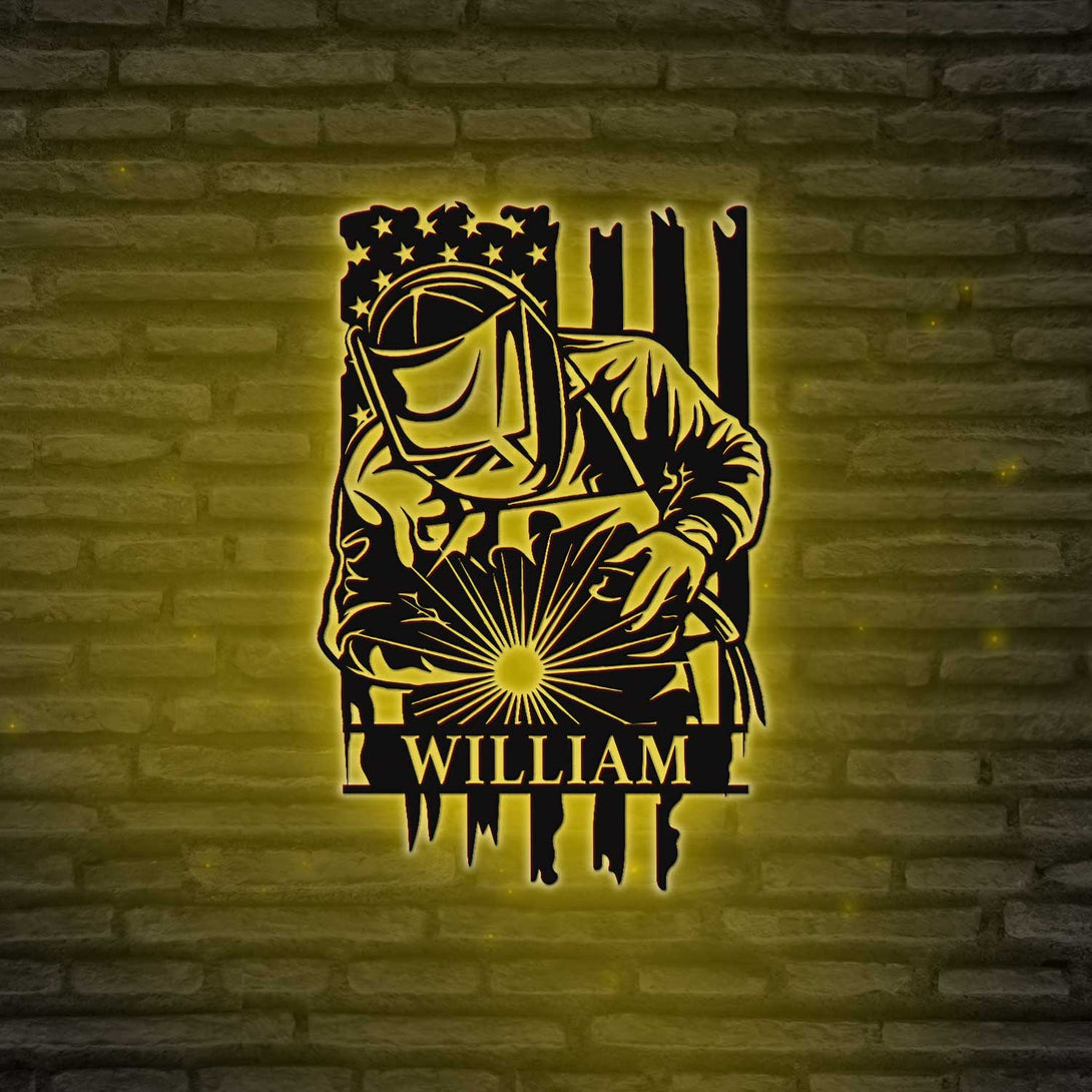 Custom Us Flag Welder Metal Sign With Led Lights, Personalized Construction Welder Metal Name Sign, American Flag Welding Metal Wall Art