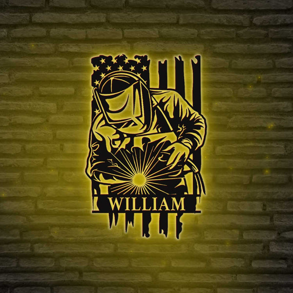 Custom Us Flag Welder Metal Sign With Led Lights, Personalized Construction Welder Metal Name Sign, American Flag Welding Metal Wall Art