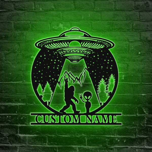 Custom Bigfoot And Alien Metal Sign With Led Lights, Personalized Bigfoot Alien Ufo Metal Wall Art, Funny Alien Bigfoot Metal Sign Home Decor