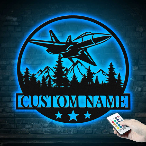 Custom Name Jet Fighter Metal Wall Art Led Lights, Personalized Pilot Metal Name Sign, Airplane Metal Decor, Aircraft Hangar Metal Wall Sign