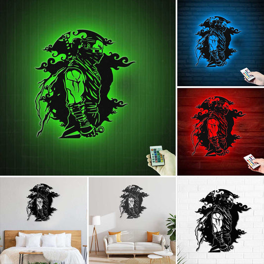Assassin Metal Wall Art With Led Lights, Assassin Ninja Metal Art, Assassin Warrior Metal Wall Hanging Sign, Japanese Assassin Metal Home Decor