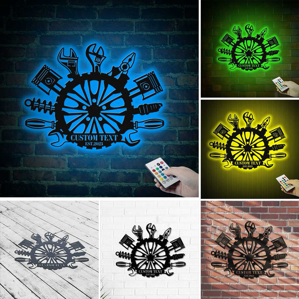 Custom Tools Repair Garage Metal Wall Art Led Lights, Personalized Mechanic Handyman Metal Name Sign, Mechanic Workshop Metal Sign Wall Decor