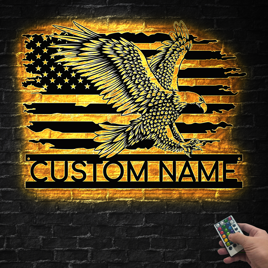 Custom Us Flag Eagle Metal Wall Art With Led Lights, Personalized American Flag Eagle Metal Sign, Patriotic Eagle Metal Led Sign Home Decor