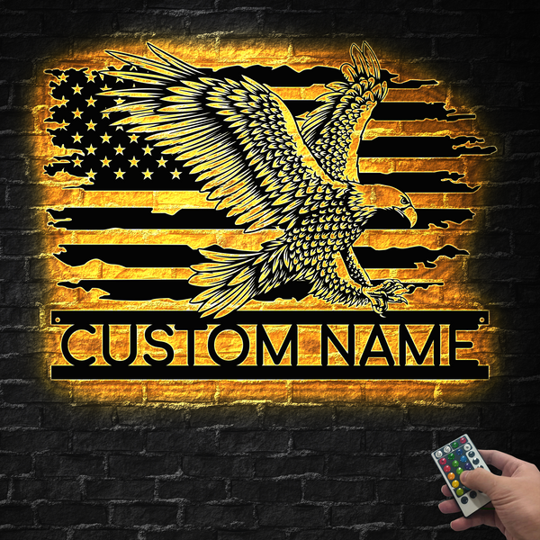Custom Us Flag Eagle Metal Wall Art With Led Lights, Personalized American Flag Eagle Metal Sign, Patriotic Eagle Metal Led Sign Home Decor